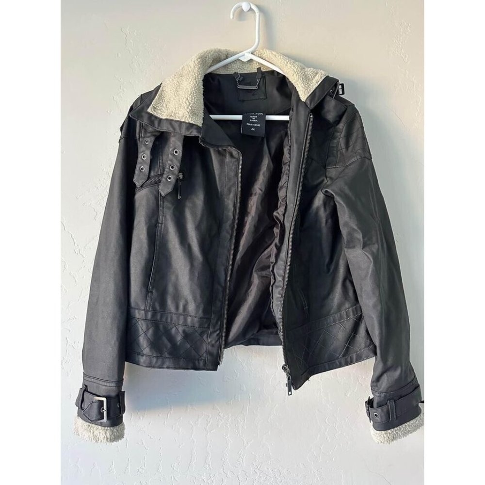 Faux leather black moto shearling jacket